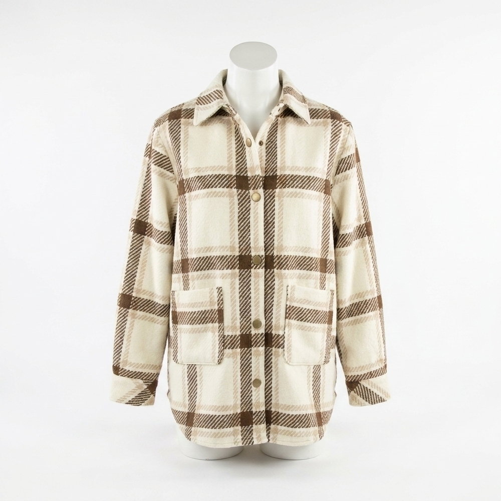 NEW BLUE B plaid long shacket with snaps in beige brown